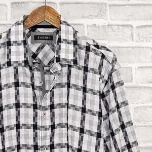 ZAGIRI Men's Button up Shirt in White Gray Grid check flip cuffs sz 2XL